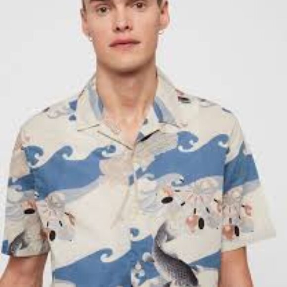 All Saints Men's Pisces Fish Koi Short Sleeve Button Down Shirt - Picture 3 of 10